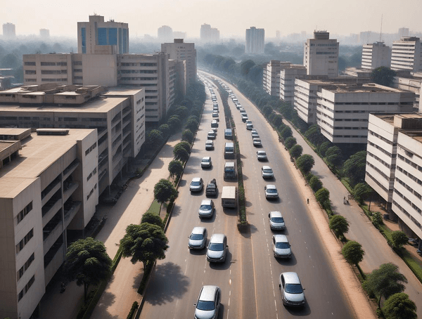 Smart city aerial view with modern buildings and highway